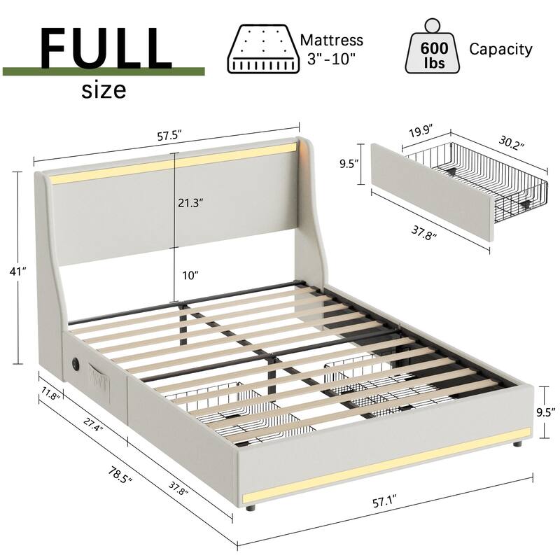 Javlergo Bed Frame with LED Lights and Charging Station Linen Fabric Bed with Drawers Wooden Slats