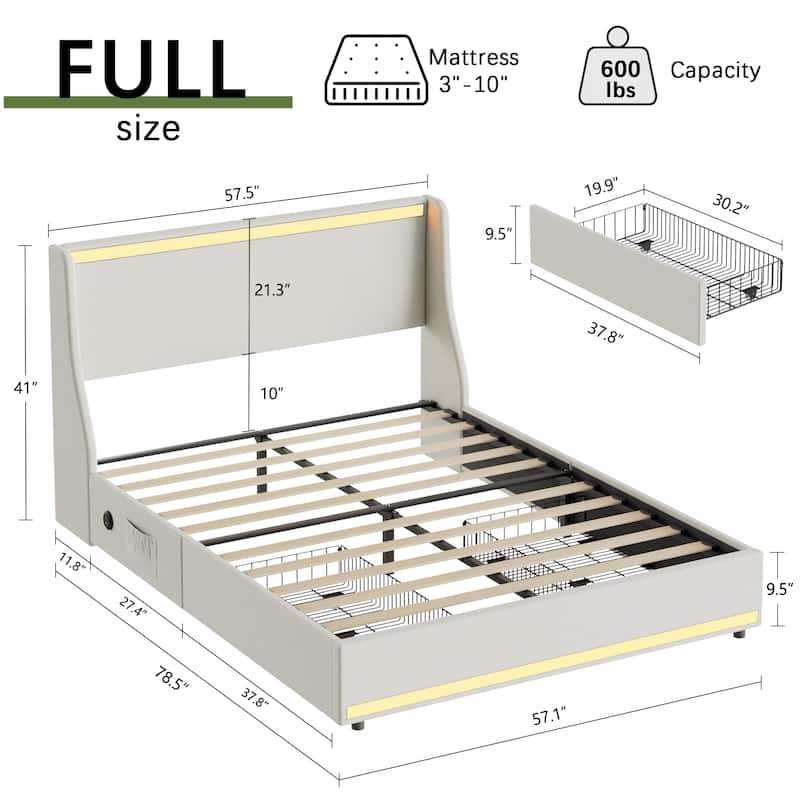 VECELO Modern LED Upholstered Platform Bed Frame with 2 Storage Drawers, USB & Type-C Ports, Full/Queen Size Bed