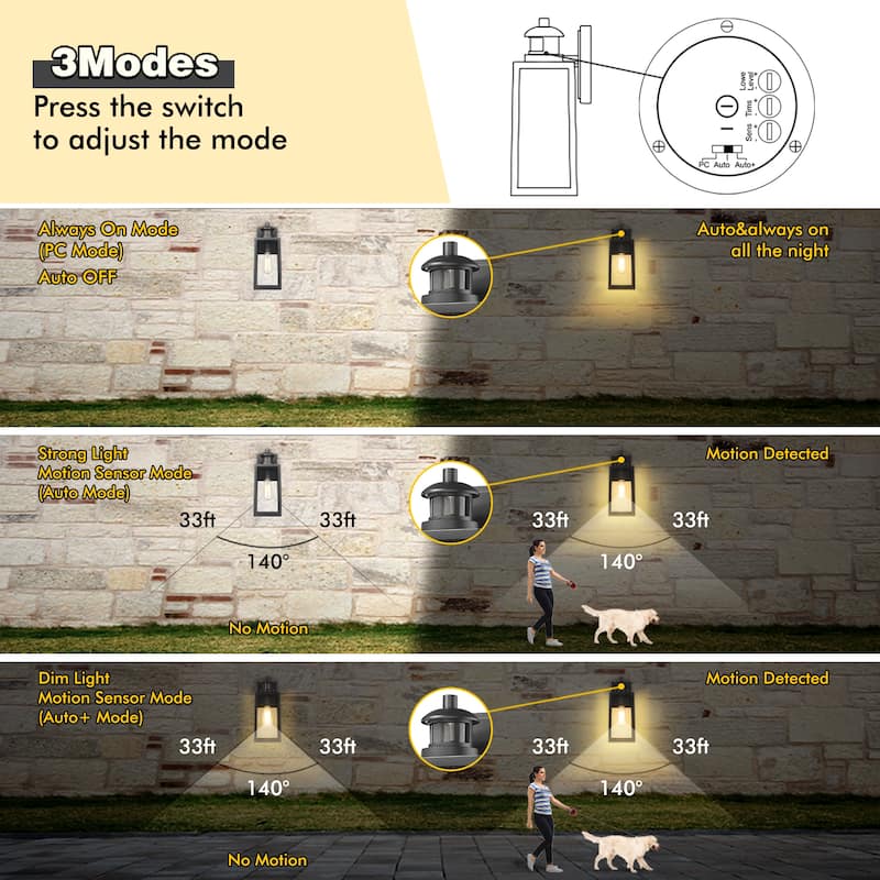 Motion Sensor and Dusk to Dawn Outdoor Wall Sconce,Dusk to Dawn Sensor Outdoor Lights Matte Black Finish with Clear Glass Shade