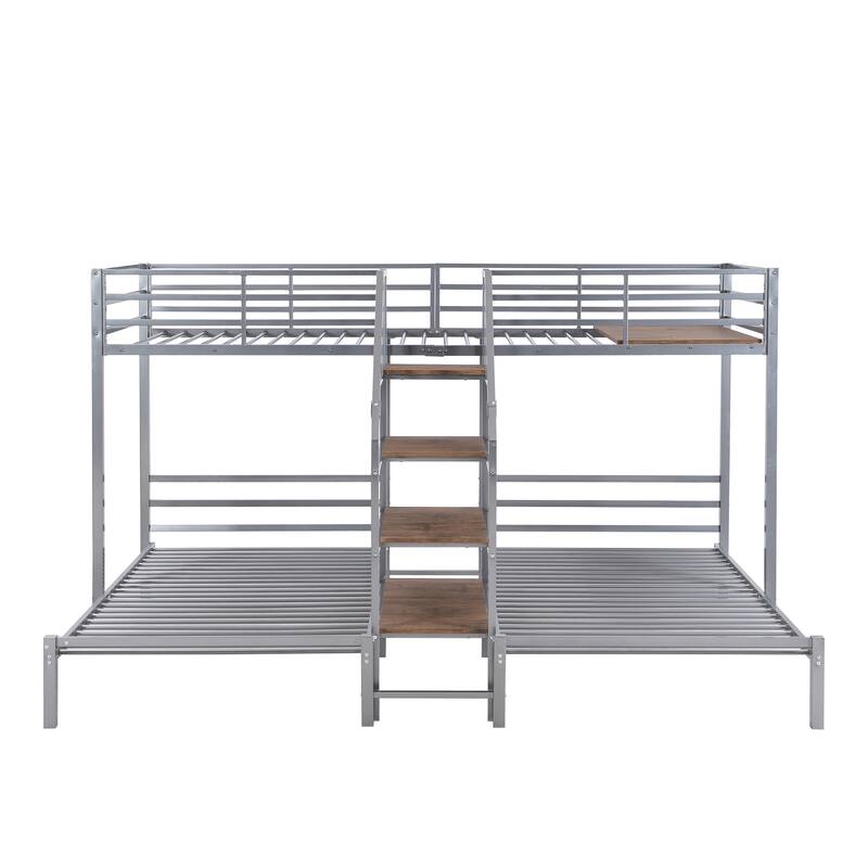 Metal Twin Over Twin & Twin Bunk Bed with Staircase Storage Shelves, Triple Bunk Design