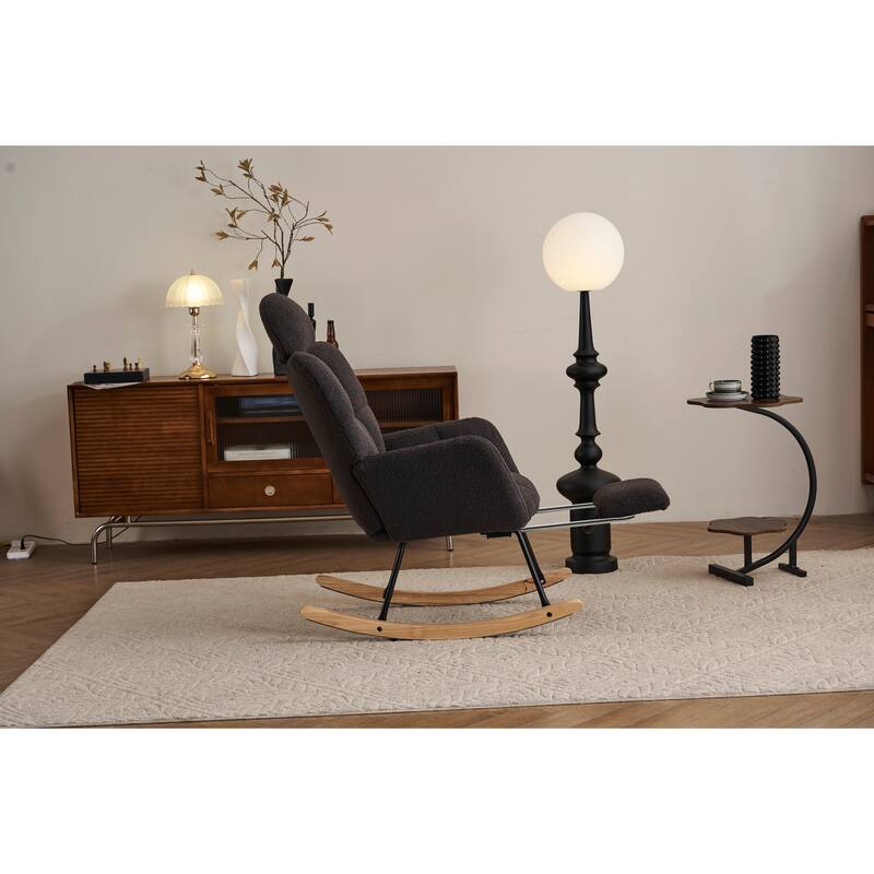 Comfortable Teddy Fabric Upholstered Rocking Chair with High Backrest and Pillows for Indoor Use