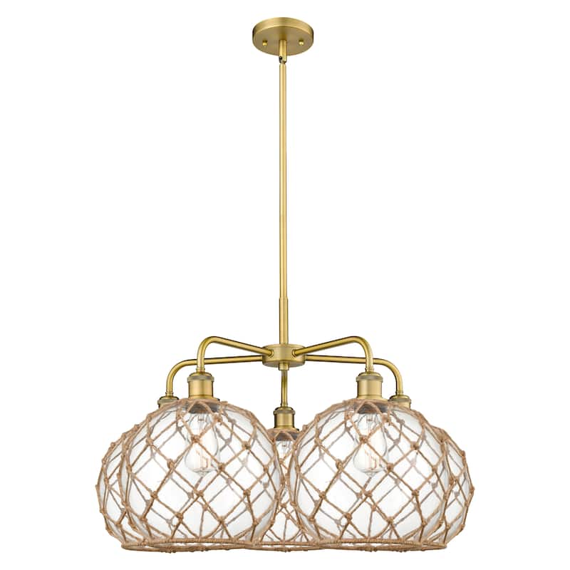 Innovations Lighting Endless Possibilities Ballston - Farmhouse Rope - 5 Light 29" Stem Hung Chandelier - Brushed Brass/Clear Glass with Brown Rope