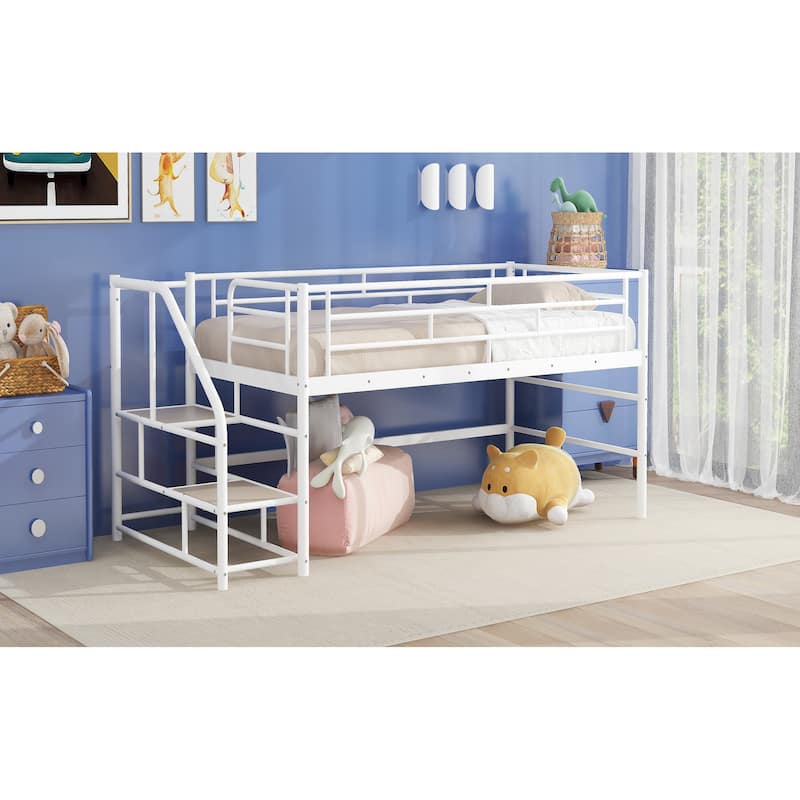 White Twin Size MDF Metal Mid Loft Bed with Storage Stairs