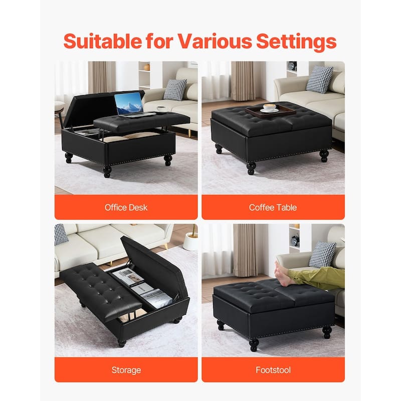 Black Leather Square Storage Ottoman with Lift Top Tufted Coffee Table Bench and Wooden Frame