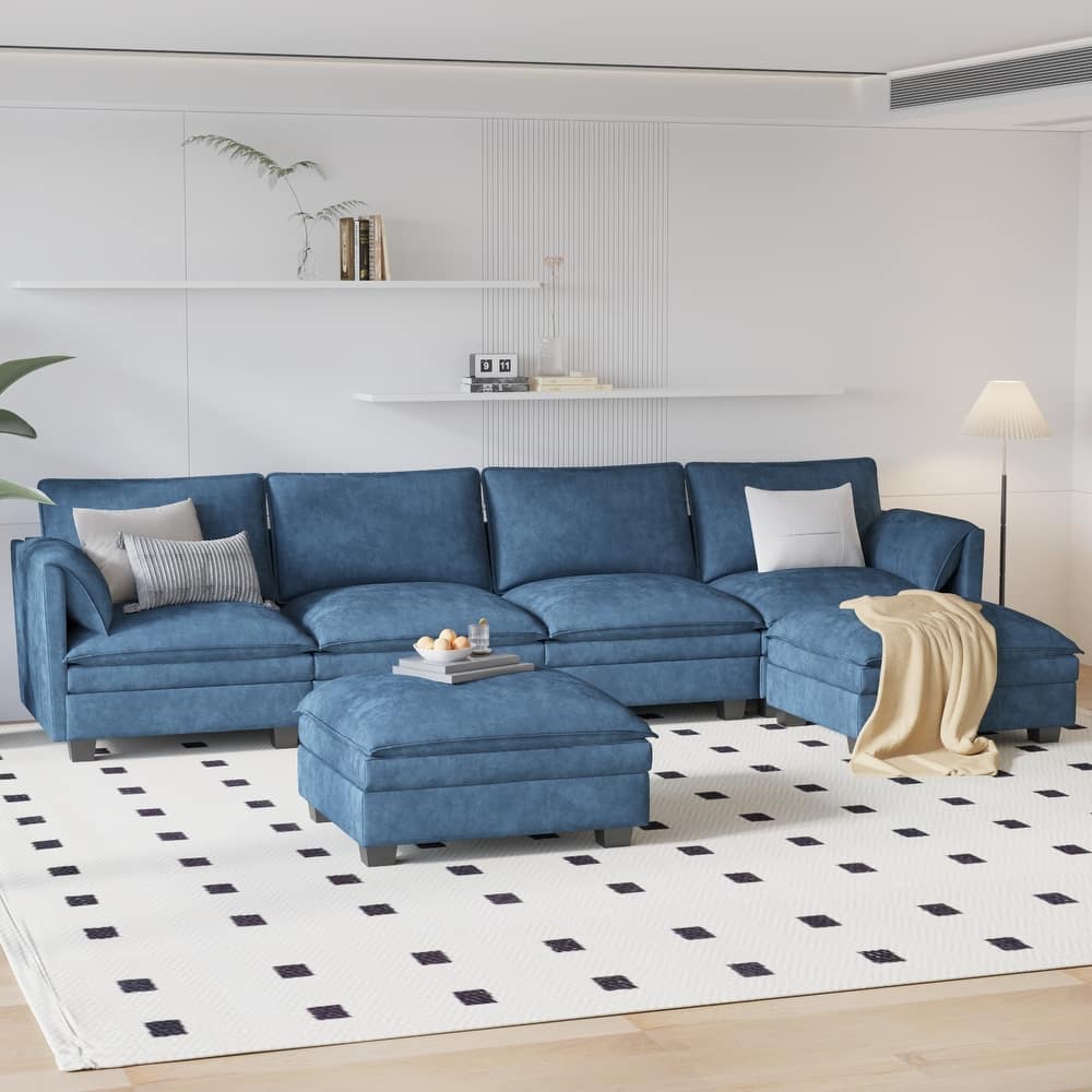 GDFStudio - Noah 141.5" U-Shaped 6-Seater Sofa Couch with Movable Ottoman and Armrest Pockets, Fabric Upholstery - U-Shape