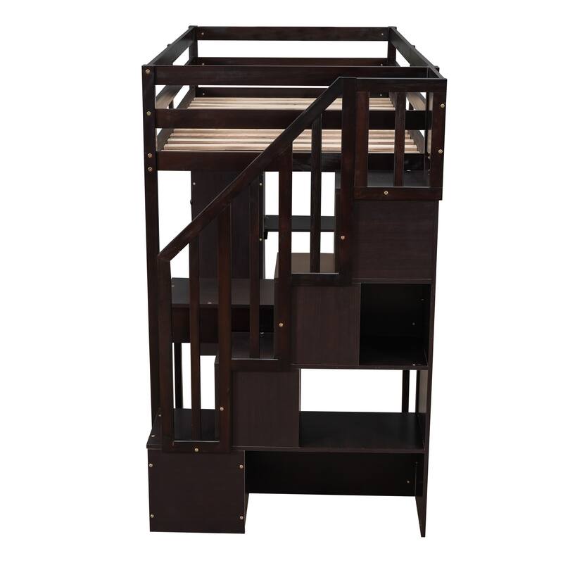 Twin Size Loft Bed with Storage, Desk, Stairs, and Shelves in Espresso Finish