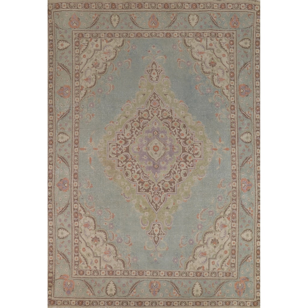 Geometric Blue Tabriz Persian Vintage Rug Handmade Wool Carpet - 7'11" x 11'5"