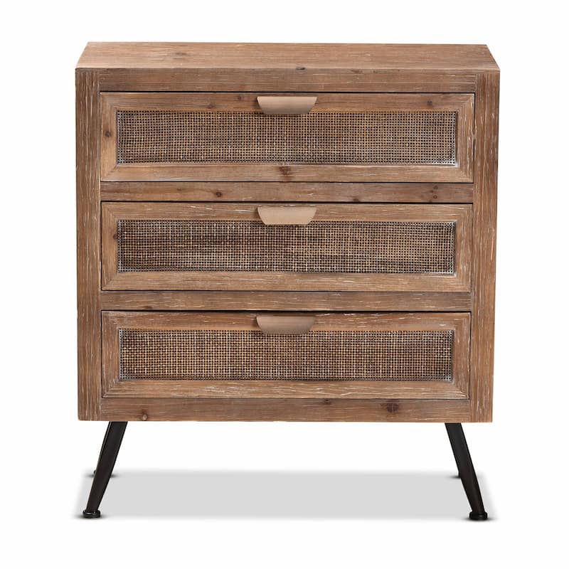 Calida Whitewashed Natural Brown Wood and Rattan 3-Drawer Cabinet