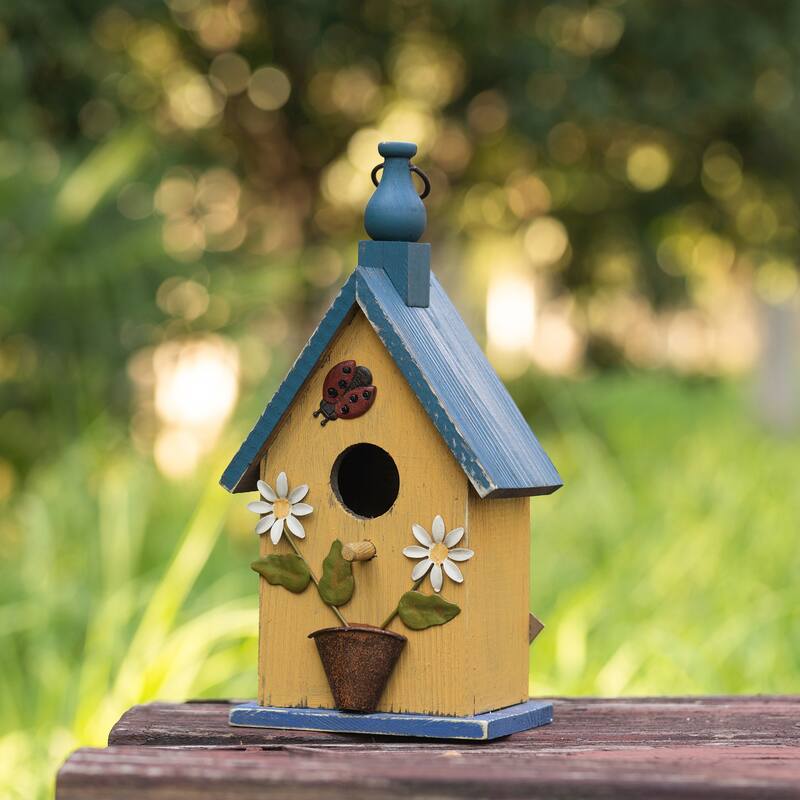 Glitzhome 10"H Multicolor Cute Distressed Solid Wood Birdhouse with 3D Flowers