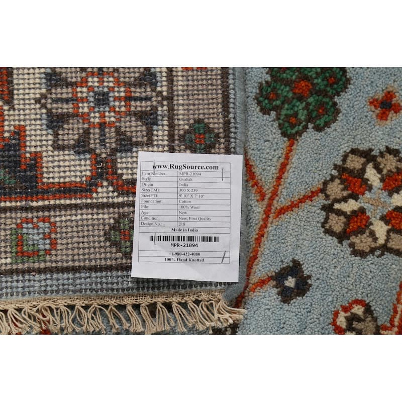 Light Blue Geometric Oushak Oriental Area Rug Hand-Knotted Wool Carpet - 7'10"x 9'10"
