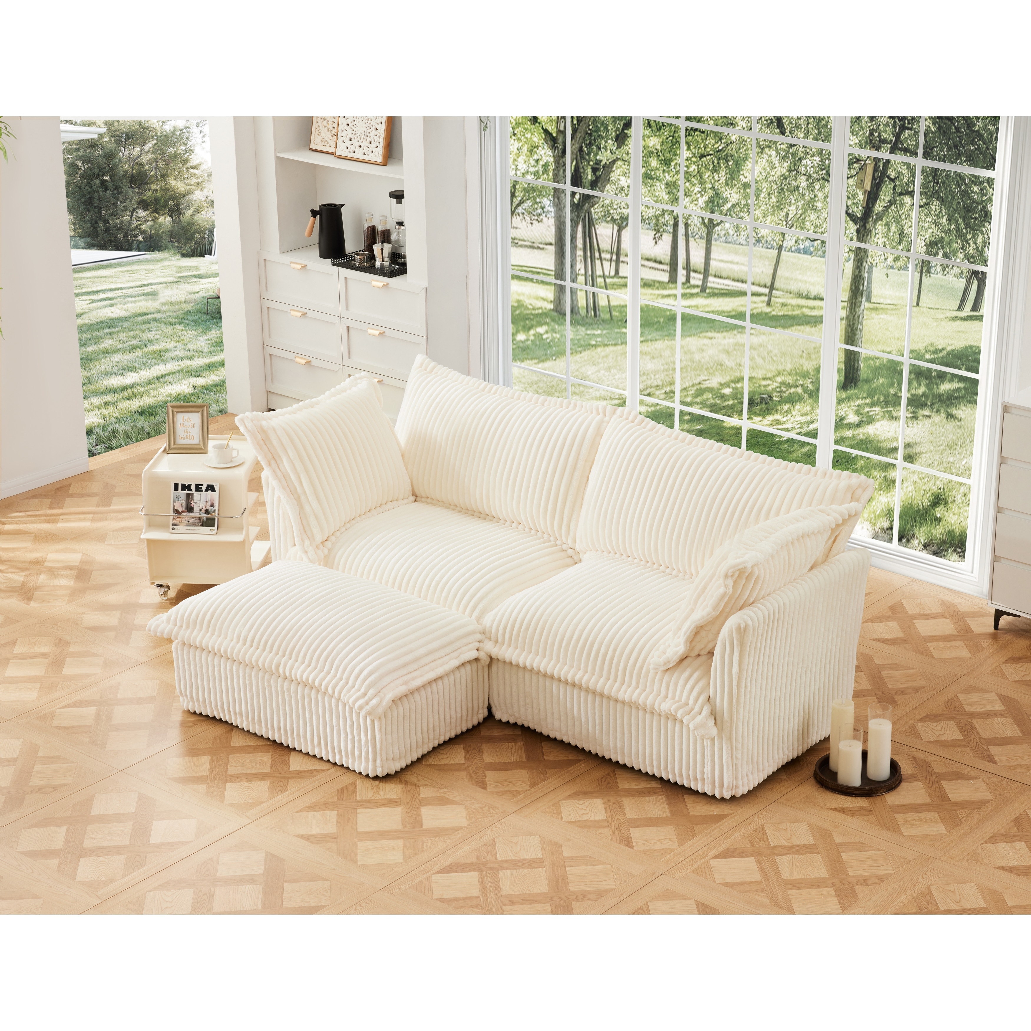 GDFStudio - Slipcovered 2-Seater 83.4" L-Shaped Corduroy Sectional Loveseat Sofa with Ottoman