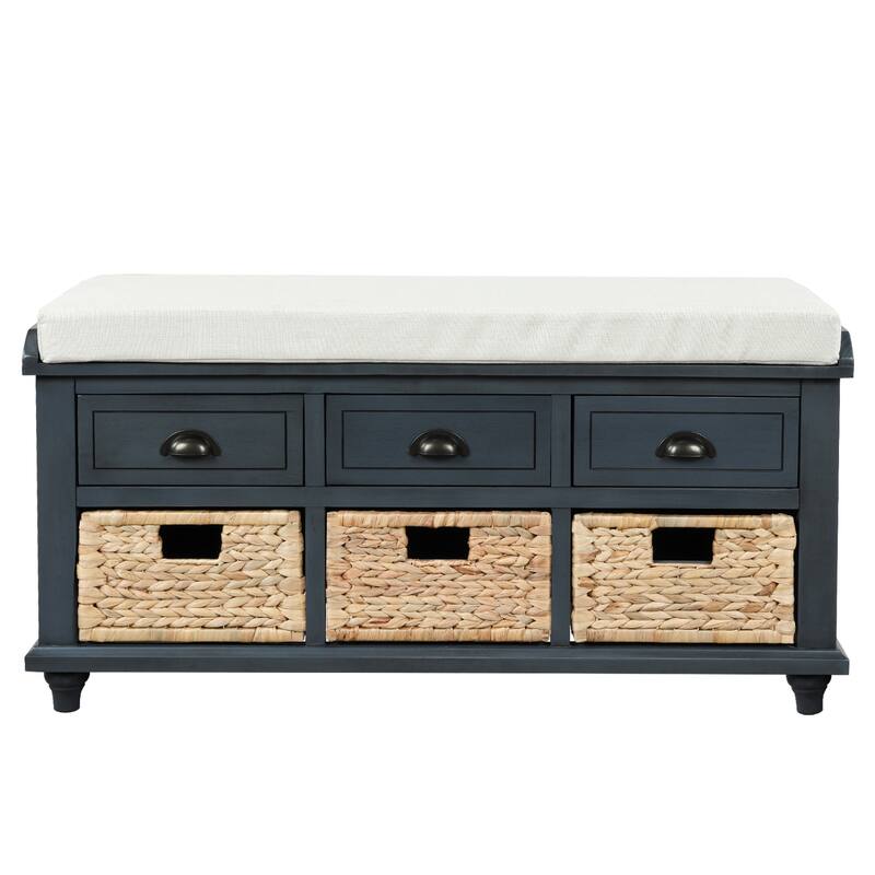 Bedroom Solid Wood Storage Bench Rustic Upholstered Bench with 3 Drawers and 3 Rattan Baskets, Shoe Bench for Entryway
