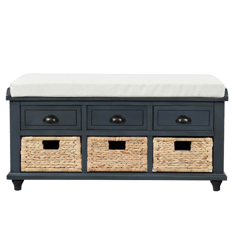 Storage Bench with Drawers and Rattan Baskets Entryway Shoe Bench