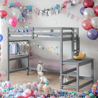 Twin High Loft Bed with Ladder landing Platform and Guardrails, Grey