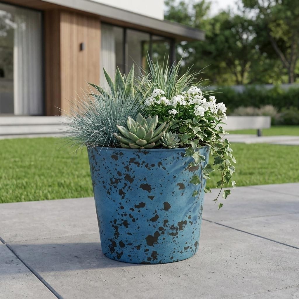 HomeRoots 11" Blue Recycled Plastic Indoor Outdoor Round Pot Planter
