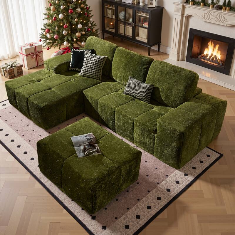 HOOOWOOO Modern Sparkly Velvet Fabric Chaise Sofa Couch with Ottoman - Green-Left Chaise