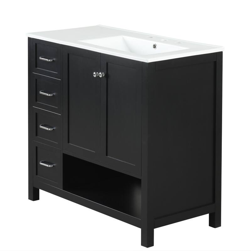 Roomfitters 36" Bathroom Vanity with Sink, Right-Side Basin, Solid Wood Frame, 2 Doors, 2 Drawers & Open Shelf
