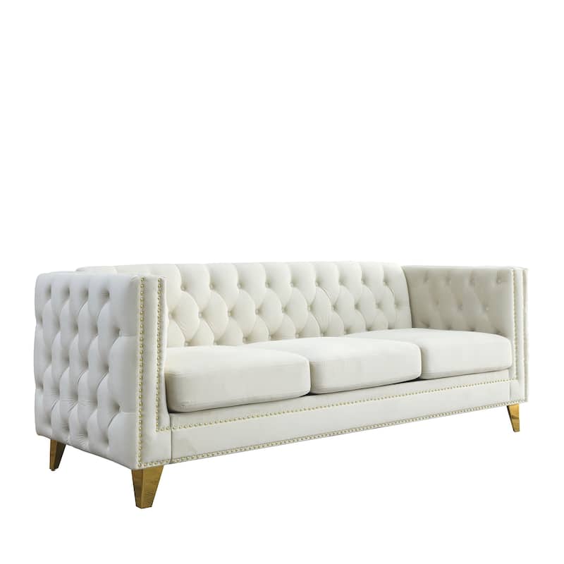Classic Chesterfield Velvet Sofa, Tufted with Nailhead Trim, 3-Seater Couch with Metal Legs for Bedroom or Living Room