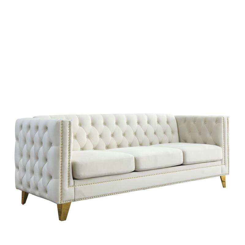 Velvet Chesterfield Sofa, Button Tufted Upholstered 3 Seater Couch, Deep Seat Couch with Nailhead Trim & 2 Throw Pillows