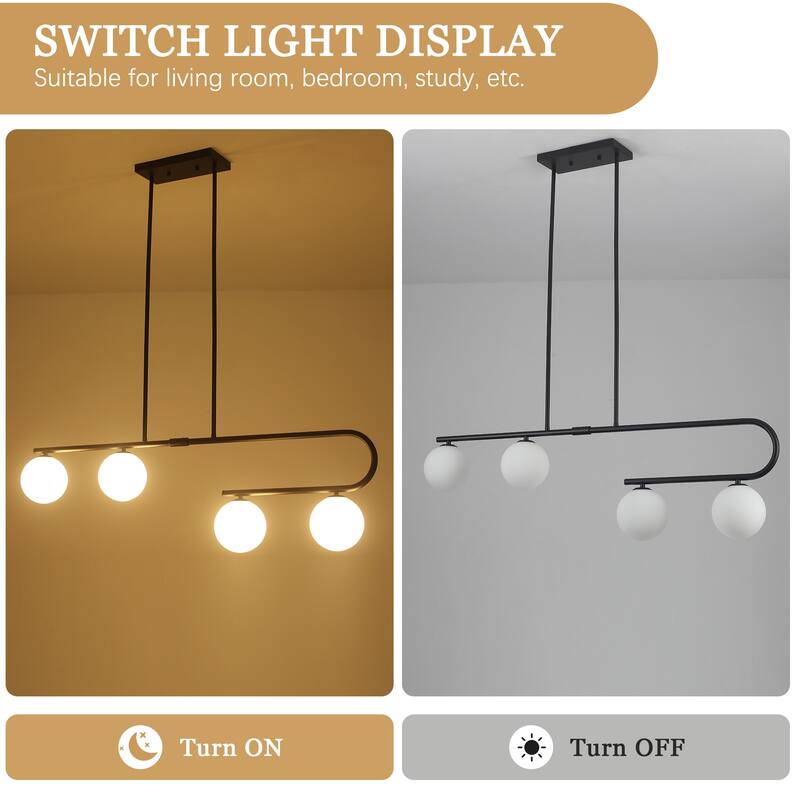4-Light Modern Hanging Island Linear Chandelier Lighting Fixture with Glass Shade for Kitchen Foyer Dining Room