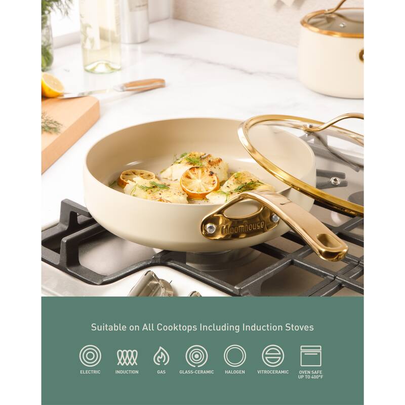 Bloomhouse 8 Piece Pots and Pans Heavy Duty Aluminum Premium PFA Free Ceramic Nonstick - Almond Cream