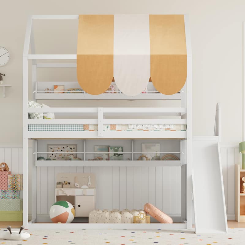 GDFStudio - Wooden Full Size House Bed with Canopy, Slide and Bookshelves