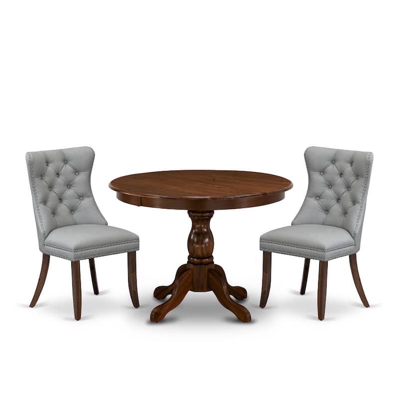 East West Furniture Dining Table Set Includes a Round Kitchen Table and Upholstered Chairs, Antique Walnut (Pieces Options)