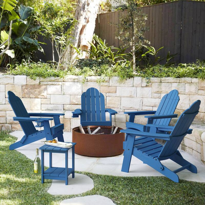 Foldable HDPS Plastic Weather Resistant Outdoor Patio Folding Adirondack Chairs With Cup Holder Set of 4 - 35"D x 30"W x 36.2"H - Blue