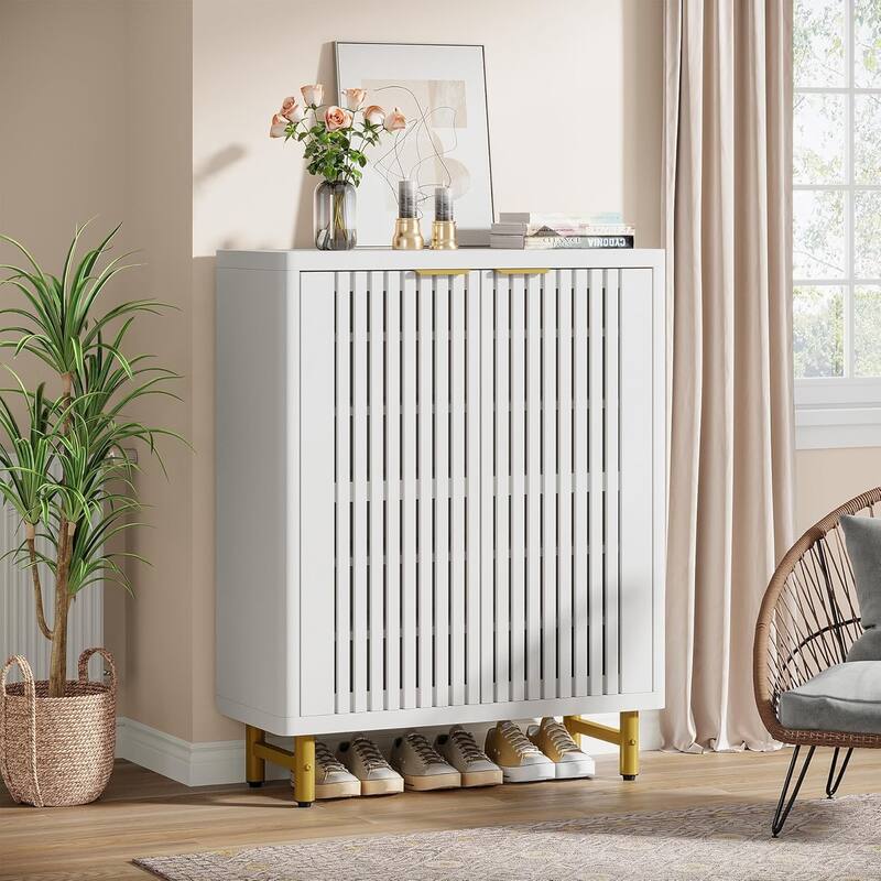 Wooden Shoe Cabinet with Shutter Doors, Adjustable Shelves Large Hidden Storage Organizer Rack for Entryway Hallway