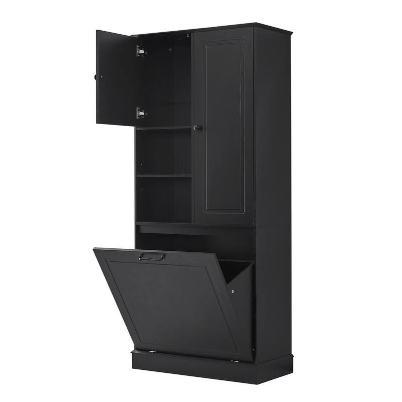 Tall Storage Cabinet with Adjustable Shelves, Large Flip-Out Basket & Enclosed Cabinets