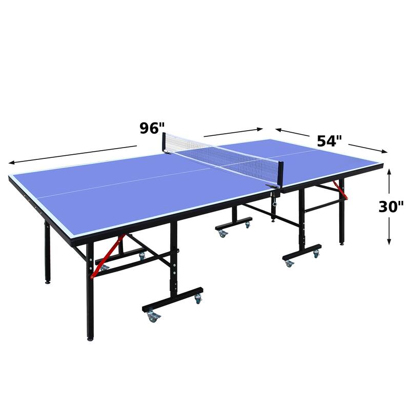 Roomfitters 8ft Indoor Table Tennis Table, Foldable & Portable Ping Pong Set with Net, 2 Bats and 3 Balls, Blue