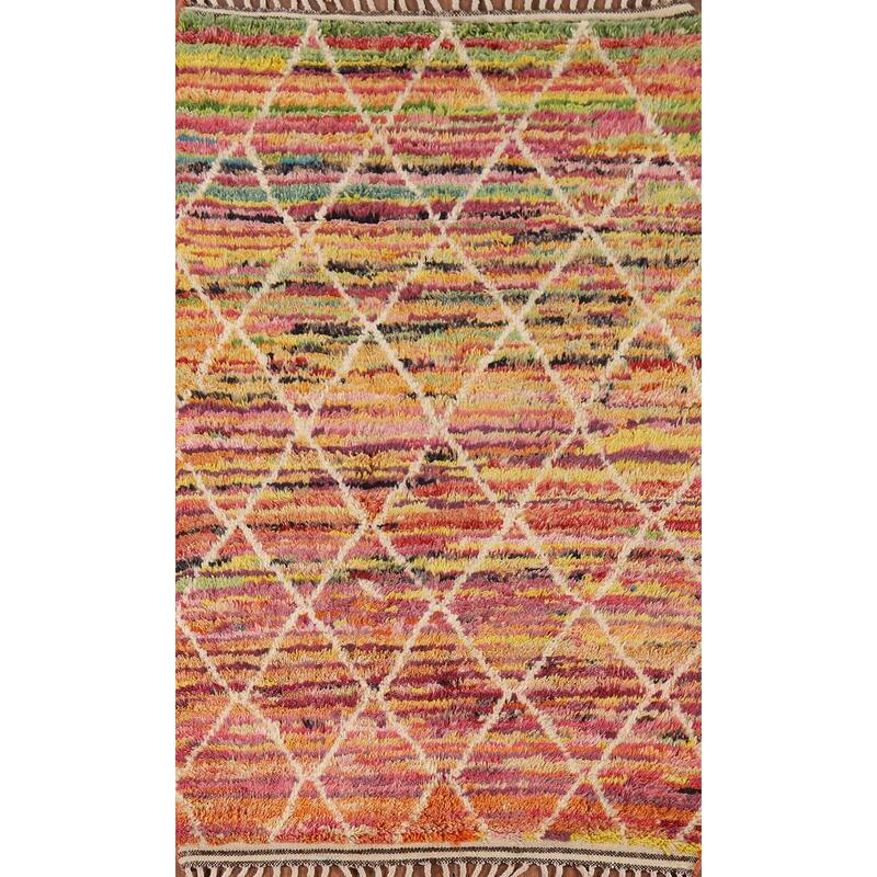 Hand Knotted Oriental 100% Wool Carpet Modern Geometric Multi-Colored Moroccan Area Rug - 6' 0'' X 4' 0''