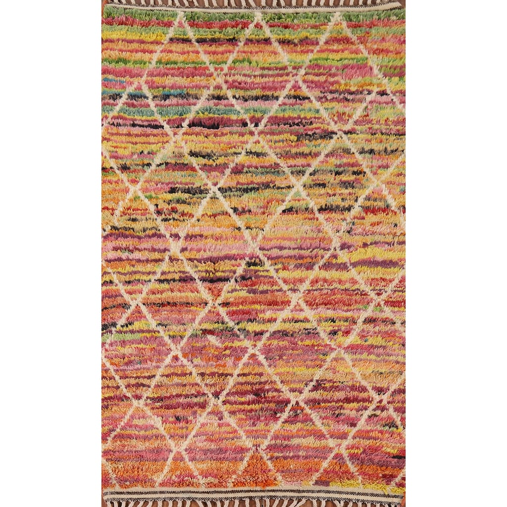 Hand Knotted Oriental 100% Wool Carpet Modern Geometric Multi-Colored Moroccan Area Rug - 6' 0'' X 4' 0''