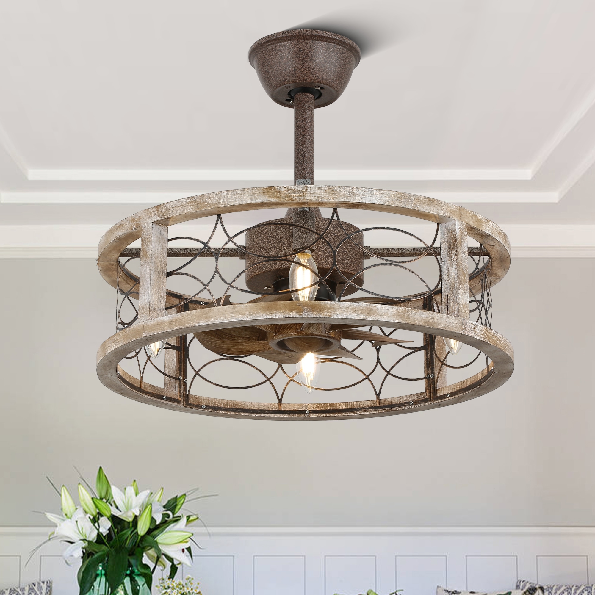 Bella Depot 18" Farmhouse Wood Caged Ceiling Fan, 6-speed Reversible Chandelier with Light kit and Remote Control - 18 Inches