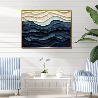 Designart "Blue And White Coastal Wave S Edge" Coastal Minimalism Blue Wall Decor Coastal Living Room Framed Canvas Art