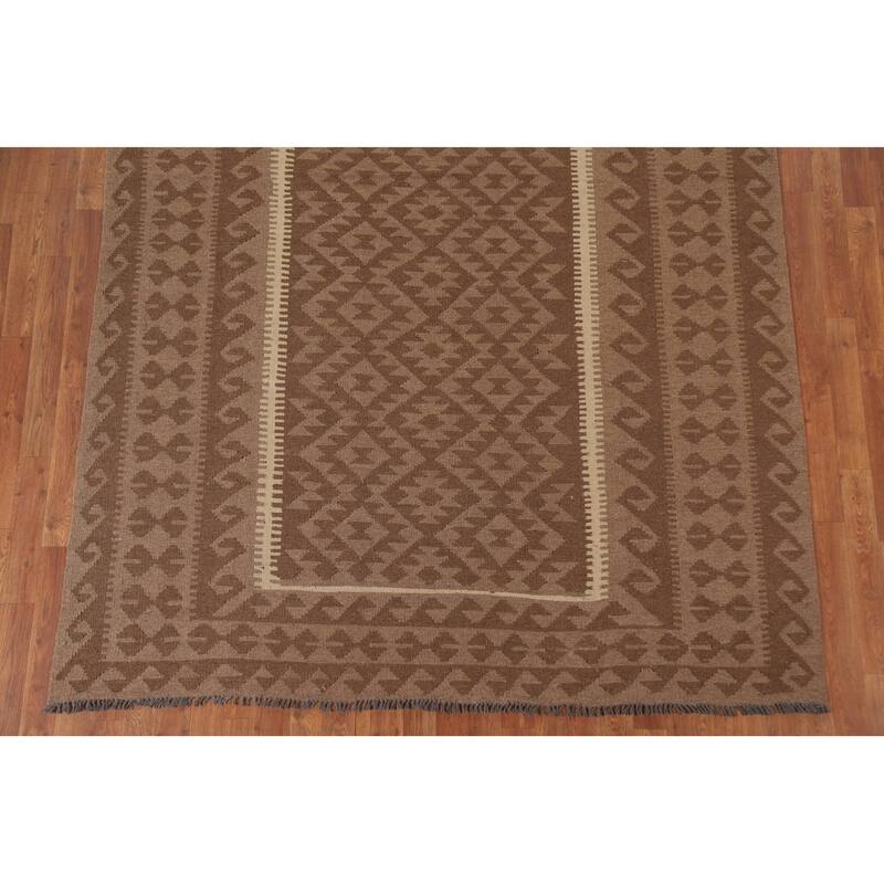 Hand Woven Oriental 100% Wool Carpet Southwestern Geometric Brown Kilim Area Rug - 9' 9'' X 6' 5''