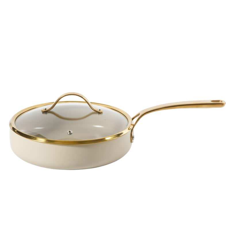 Bloomhouse 15 Piece Pots and Pans Heavy Duty Aluminum Premium PFA Free Ceramic Nonstick - Almond Cream with Gold Handle