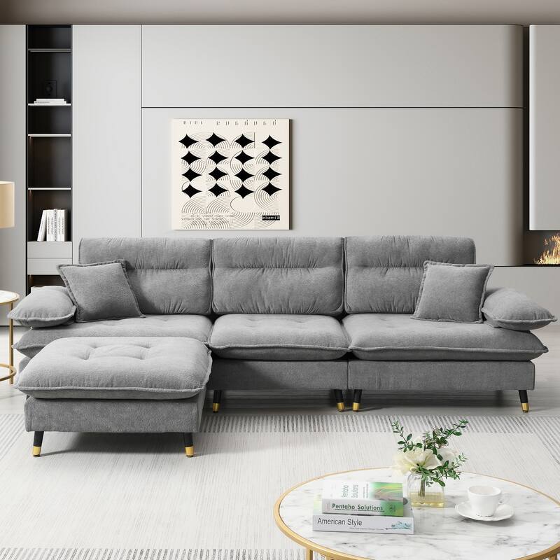 106" L-Shaped 4 Seater Convertible Sectional Sofa with Movable Ottoman, Adjustable Two-Tone Legs for Living Room