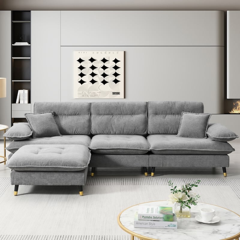 Grey 106'' L-Shaped 4-Seater Convertible Sectional Sofa with Adjustable Two-Tone Legs, Movable Ottoman