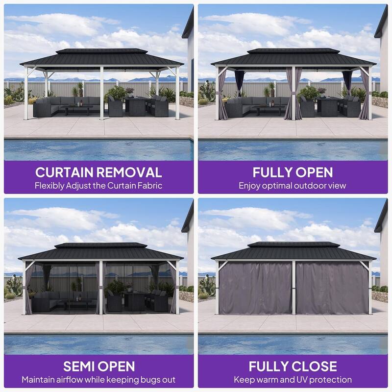 PURPLE LEAF Patio Hardtop Gazebo for Outdoor Grey Galvanized Steel Double Roof White Aluminum Poles
