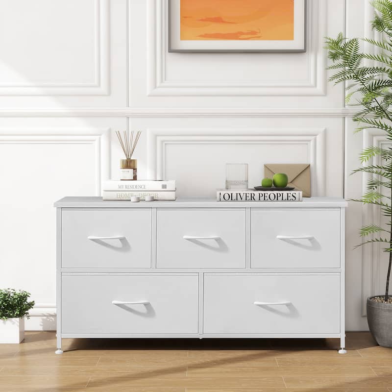 Modern 5-Drawer Chest of Drawers with Fabric Bin, Steel Frame, Wood Top for Bedroom, Entryway - White