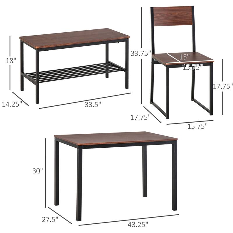 Industrial Dining Room Table Set w/Bench Wooden Kitchen Table & Chairs