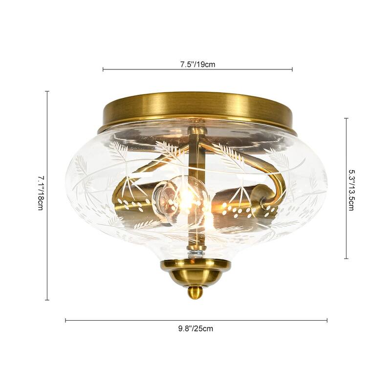 Decorative Round Clear Etched Art Glass Semi Flush Ceiling Light
