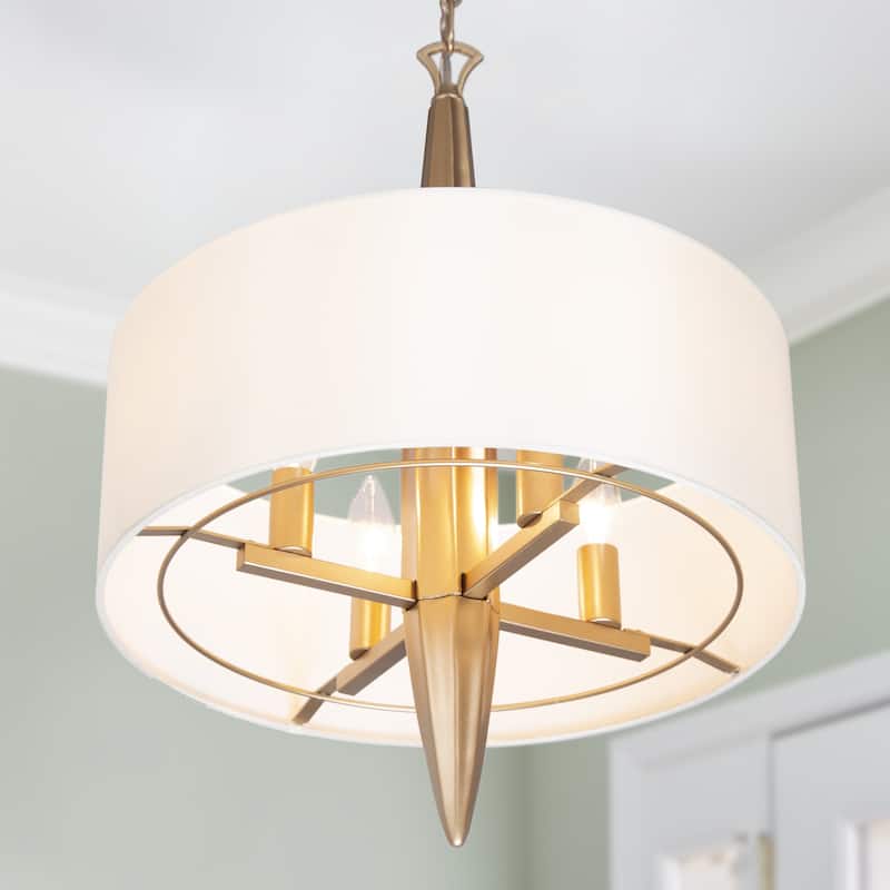 Mid-Century Modern 4-light Drum Brass Chandelier Fabric Shade Hanging Lights for Dining Room - D16" x H80"