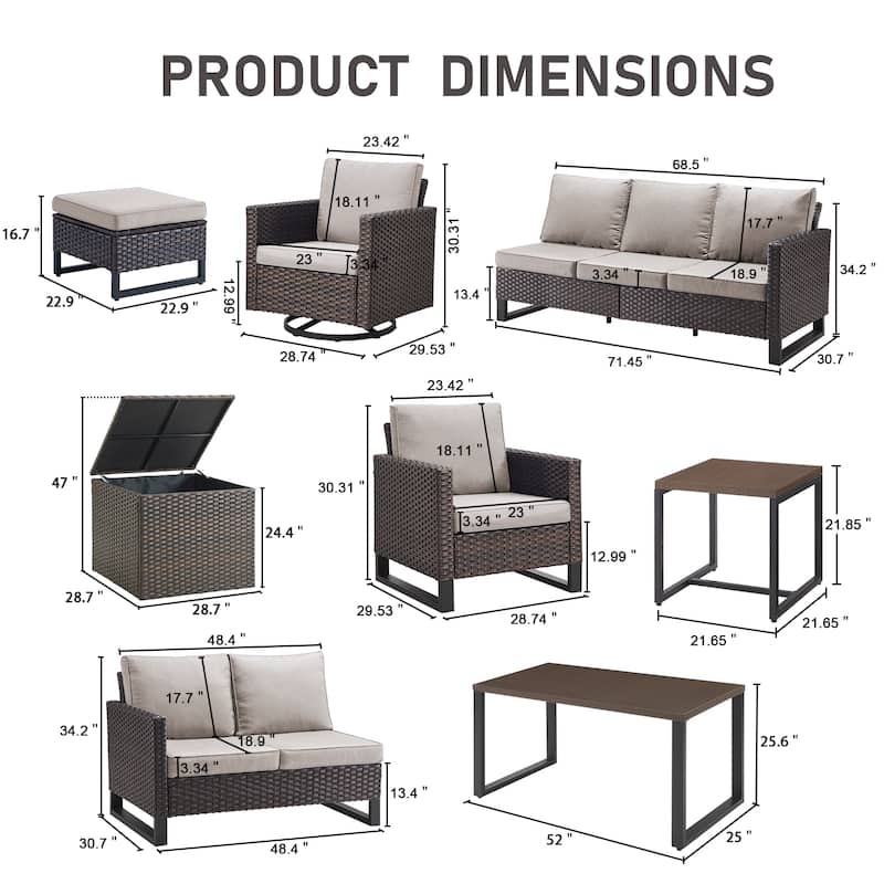 Gymojoy 9-11 Person Outdoor Courtyard Wicker Family Party Conversation Set Group With Swivel Chairs And 52" Table