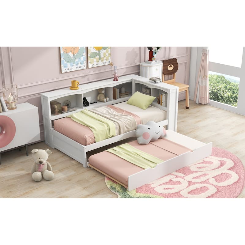 Twin Daybed with 5 Storage Cabinets, USB Ports, and Trundle - Durable Pine Wood Frame