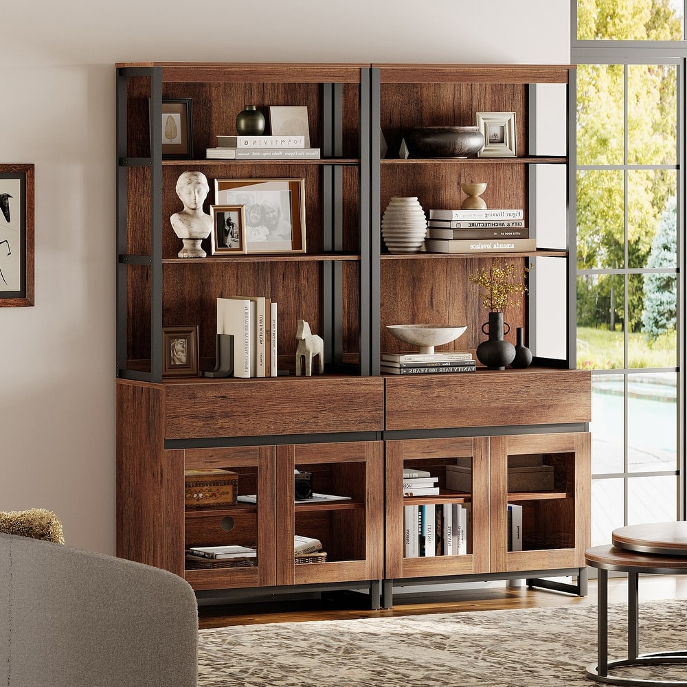 2 PCS Modern 72" Tall Bookcase with 2 Drawers and Open Book Shelfs for Home Office, Living room.