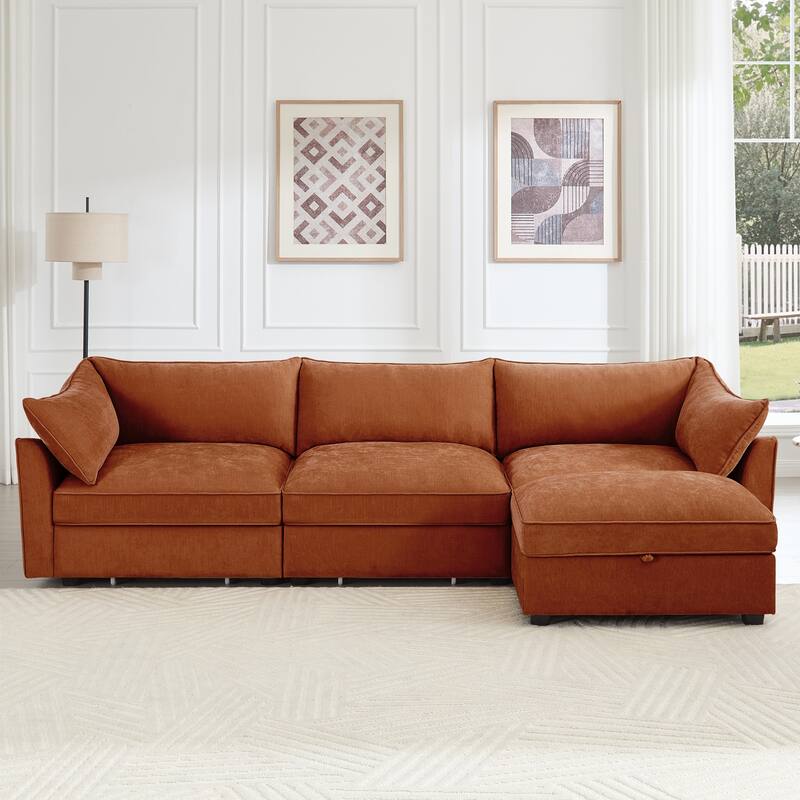 Rossetta L-Shaped Unique Structural Modular Design Wraparound Cushions Sofa with 1 Movable Ottoman - Orange