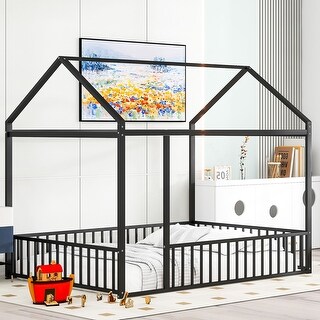 Black Full Size Metal House Bed Frame with Fence and Roof for Kids and Teens