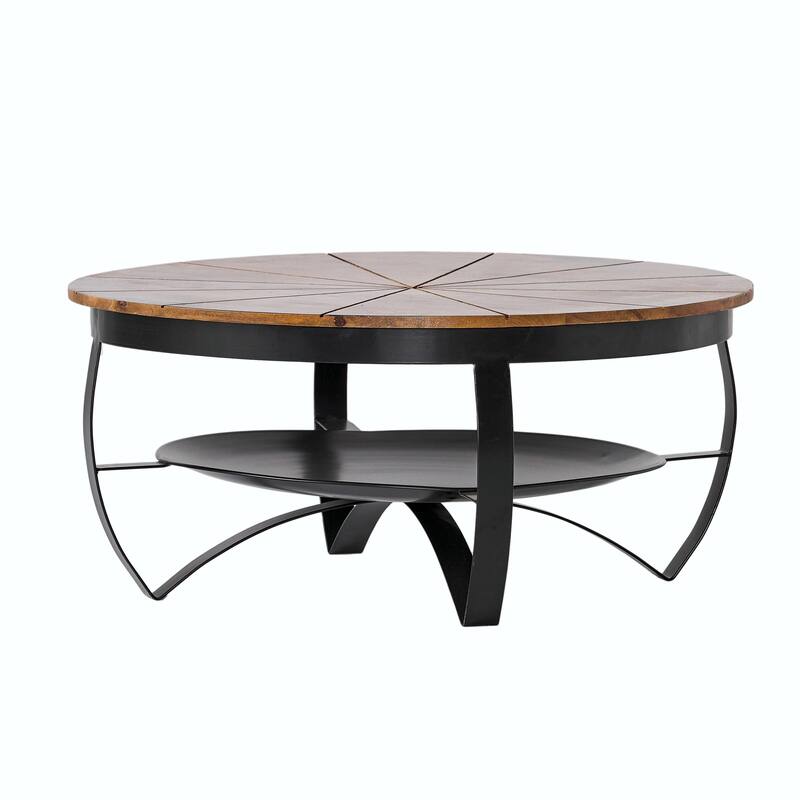 Modern Industrial Coffee Table with Mango Wood Top and Metal Shelf